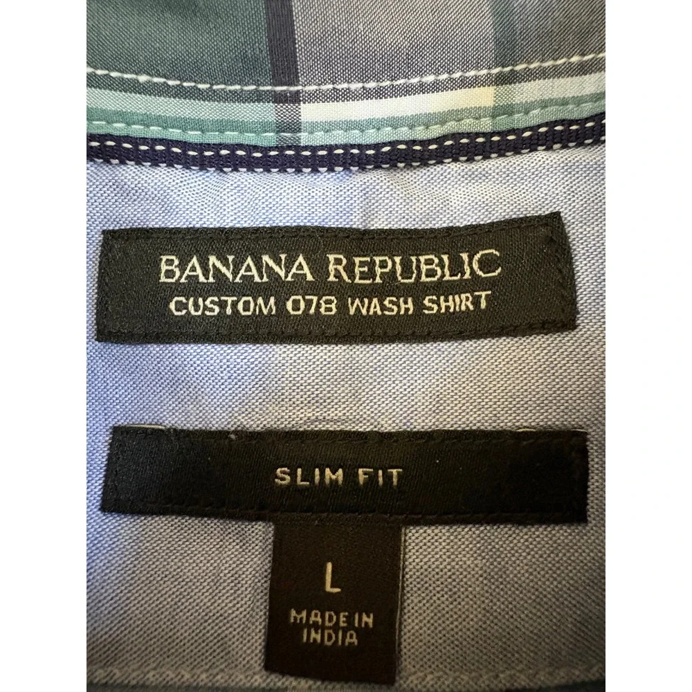 Banana Republic Mens Slim‎ Fit Custom 078 Wash Shirt Green Blue Plaid Large L
